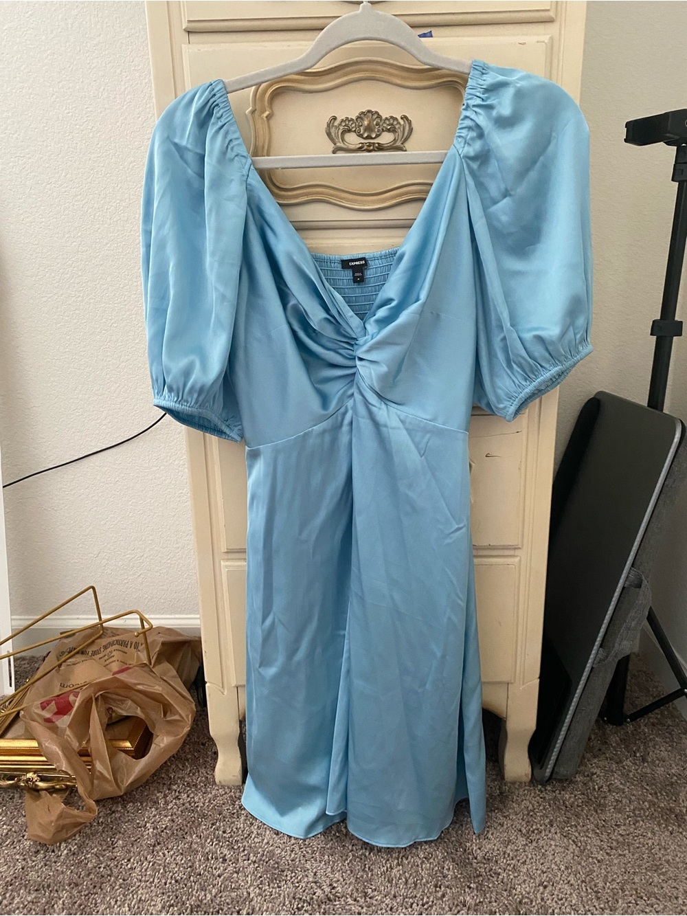 Express Sky Blue Puff Sleeve Midi Dress